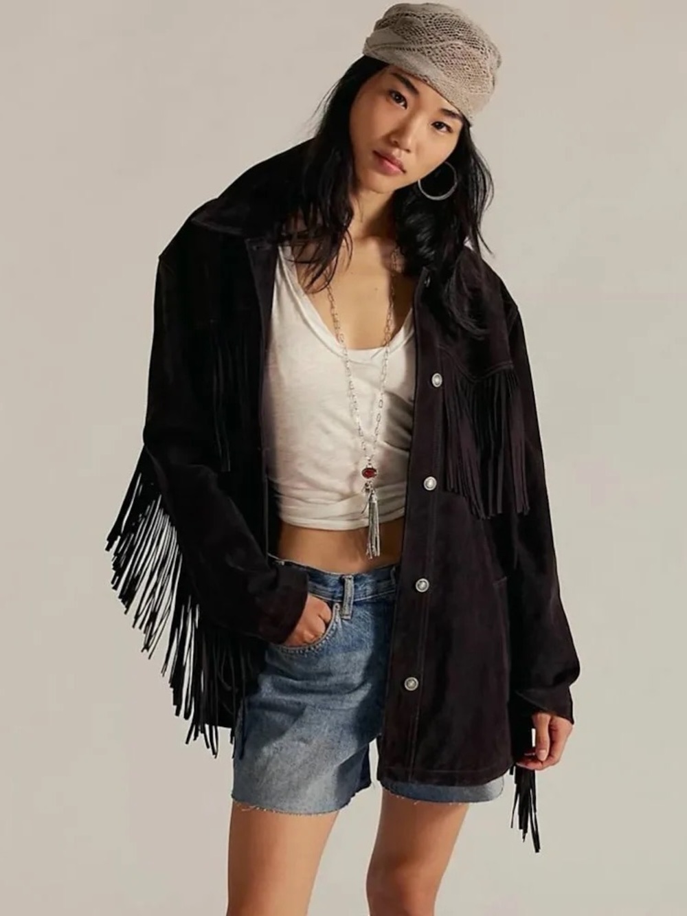 We The Free vegan leather Fringe Suede Button-Up Jacket - Black